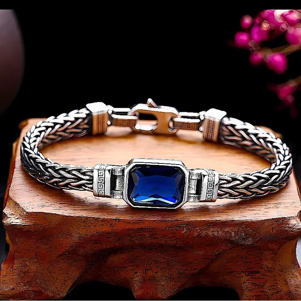 Sterling Silver Blue Zircon Braided Bracelet, Unisex, Handmade
